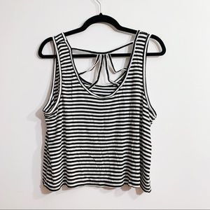LUQ Black White Striped Ribbed Tank Top Twist Back Detail Sleeveless Casual L